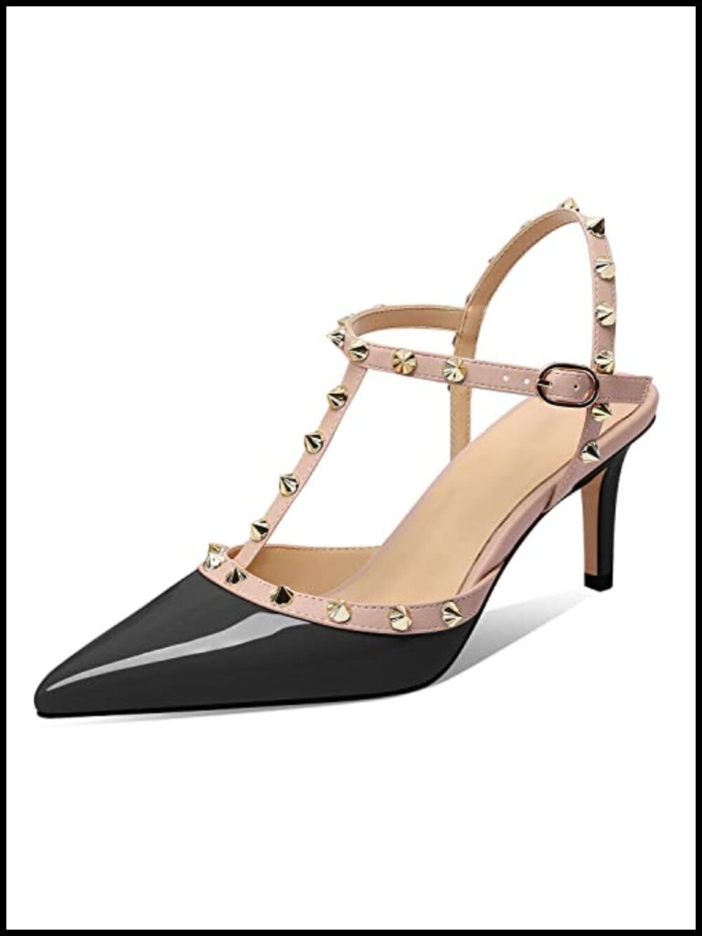 Studded Kitten Heels for Women Pointy Toe Stiletto Sandals Patent Leather Ankle
